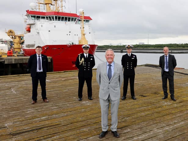 Pictured L-R: Stephen Lee (UK Docks), Commodore Phillip Waterhouse, Harry Wilson (UK Docks), Commanding Officer Captain Michael Wood MBE and Jonathan Wilson (UK Docks).

Today, Tuesday 13th July 2021, HMS Protector hosted local dignitaries whilst under pre-Antarctic maintenance.
The Ice Breaker was visited by Commodore Waterhouse the Naval regional Commander, Local MP Jacob Young, Tees Valley Mayor Ben Houchen, The Lord Lieutenant of North Yorkshire Mrs Jo Ropner, Members of Middlesbrough Council and police Force and Members of UK Docks.