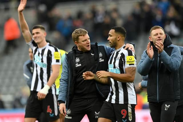 Newcastle United head coach Eddie Howe and striker Callum Wilson celebrate the Fulham win.