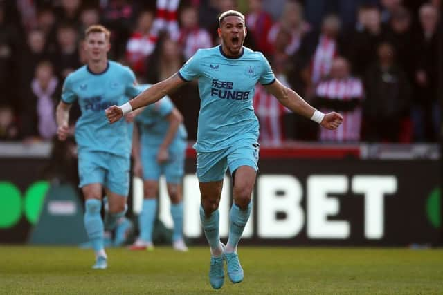 Joelinton celebrates his goal against Brentford. (Photo by Luke Walker/Getty Images)