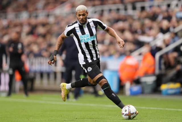 Joelinton of Newcastle United runs with the ball during the Premier League match between Newcastle United and Everton FC at St. James Park on October 19, 2022 in Newcastle upon Tyne, England. (Photo by George Wood/Getty Images)