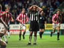 18 Nov 2000:  Alan Shearer of Newcastle United looks on in despair after missing from the penalty spot during the FA Carling Premiership match against Sunderland played at St James Park, in Newcastle, England. Sunderland won the match 2-1