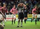 18 Nov 2000:  Alan Shearer of Newcastle United looks on in despair after missing from the penalty spot during the FA Carling Premiership match against Sunderland played at St James Park, in Newcastle, England. Sunderland won the match 2-1
