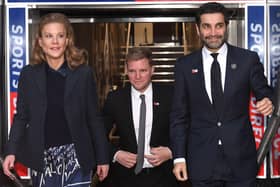 New Newcastle Head Coach Eddie Howe (c) pictured at his unveiling press conference with Directors Amanda Staveley and Mehrdad Ghodoussi. (Photo by Stu Forster/Getty Images)