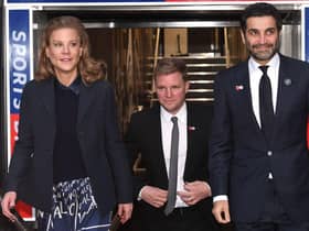 New Newcastle Head Coach Eddie Howe (c) pictured at his unveiling press conference with Directors Amanda Staveley and Mehrdad Ghodoussi. (Photo by Stu Forster/Getty Images)