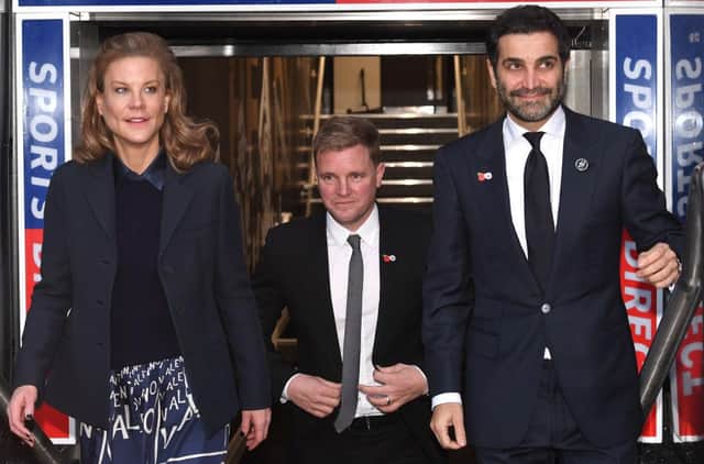 New Newcastle Head Coach Eddie Howe (c) pictured at his unveiling press conference with Directors Amanda Staveley and Mehrdad Ghodoussi. (Photo by Stu Forster/Getty Images)