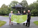South Tyneside Council Cllr Ernest Gibson with Friends of West Park, South Shields, Chairman Gladys Hobson, Secretary Doug Mather, and Cllr Ann Hetherington, with the parks Green Flag Award.