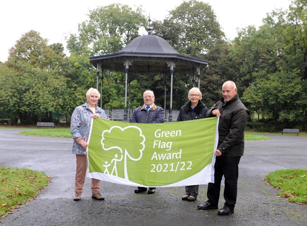 South Tyneside Council Cllr Ernest Gibson with Friends of West Park, South Shields, Chairman Gladys Hobson, Secretary Doug Mather, and Cllr Ann Hetherington, with the parks Green Flag Award.