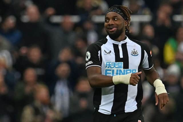 Newcastle United's French midfielder Allan Saint-Maximin celebrates scoring the opening goal during the English Premier League football match between Newcastle United and Watford at St James' Park in Newcastle-upon-Tyne, north-east England on January 15, 2022. (Photo by PAUL ELLIS/AFP via Getty Images)