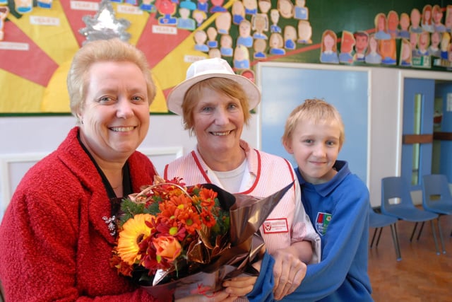 Kathleen Angus departed with love and lots of memories after 34 years of service as dinner lady at Albert Elliott. Here she is on her retirement in 2006.