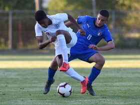 Jordan Hackett of England U15 competes for the ball with Riccardo Pagano of Italy U15 during the match Italy v England U15 of the Nations Tournamnent on April 27, 2019 in Gradisca d'Isonzo, Italy.  (Photo by Pier Marco Tacca/Getty Images)