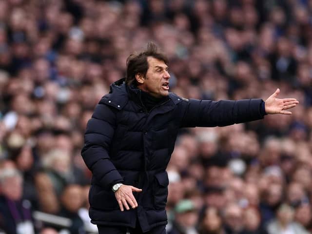 Antonio Conte, Manager of Tottenham Hotspur reacts during the Premier League match between Tottenham Hotspur and Newcastle United at Tottenham Hotspur Stadium on April 03, 2022 in London, England. (Photo by Ryan Pierse/Getty Images)