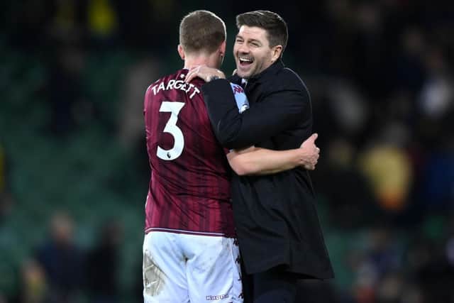 Steven Gerrard, Manager of Aston Villa celebrates with Matt Target after their side's victory in the Premier League match between Norwich City and Aston Villa at Carrow Road on December 14, 2021 in Norwich, England. (Photo by Justin Setterfield/Getty Images)