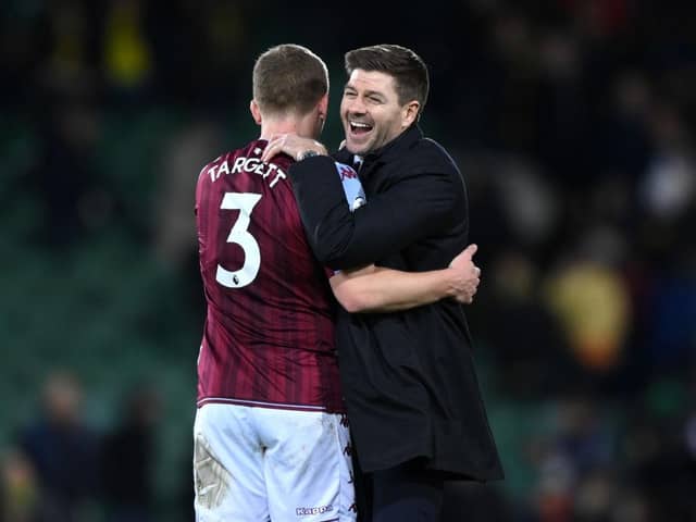 Steven Gerrard, Manager of Aston Villa celebrates with Matt Target after their side's victory in the Premier League match between Norwich City and Aston Villa at Carrow Road on December 14, 2021 in Norwich, England. (Photo by Justin Setterfield/Getty Images)