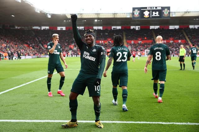 SOUTHAMPTON, ENGLAND - MARCH 07: Allan Saint-Maximin of Newcastle United celebrates after scoring his team's first goal during the Premier League match between Southampton FC and Newcastle United at St Mary's Stadium on March 07, 2020 in Southampton, United Kingdom. (Photo by Jordan Mansfield/Getty Images)