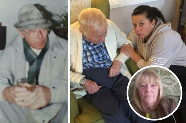 Left: William Kelly, known as Bill. Right: Mr Kelly in the care home with his granddaughter Sharon Kelly. Inset: Jean Kelly.