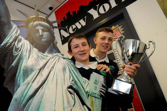 Park View School pupils fun run winner Nathan Corner and run organiser Kieren Wardale, right, who helped raised funds for a school trip to New York in 2013.