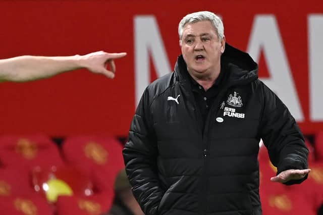Newcastle United's English head coach Steve Bruce gestures on the touchline during the English Premier League football match between Manchester United and Newcastle at Old Trafford in Manchester, north west England, on February 21, 2021.