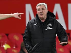 Newcastle United's English head coach Steve Bruce gestures on the touchline during the English Premier League football match between Manchester United and Newcastle at Old Trafford in Manchester, north west England, on February 21, 2021.
