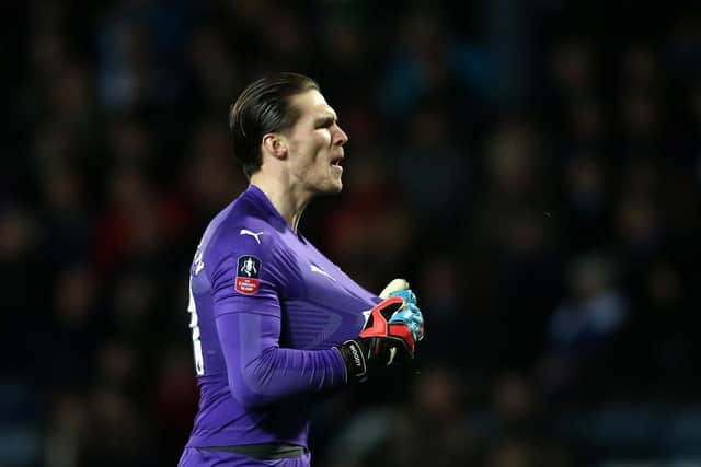 Newcastle United's Freddie Woodman celebrates an FA Cup goal against Blackburn Rovers in 2019.