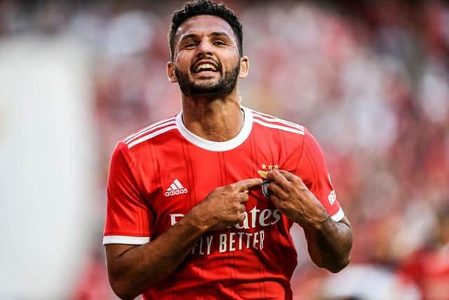 Benfica's Portuguese forward Goncalo Ramos celebrates after scoring during the UEFA Champions League third qualifying round first leg football match between SL Benfica and FC Midtjylland at Luz stadium in Lisbon on August 2, 2022. (Photo by PATRICIA DE MELO MOREIRA / AFP) (Photo by PATRICIA DE MELO MOREIRA/AFP via Getty Images)