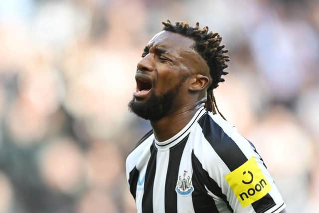 Allan Saint-Maximin of Newcastle United reacts after missing a chance during the Premier League match between Newcastle United and Manchester United at St. James Park on April 02, 2023 in Newcastle upon Tyne, England. (Photo by Michael Regan/Getty Images)