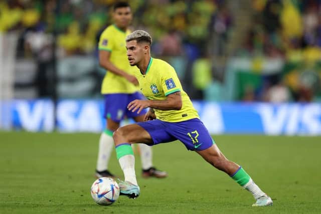 Newcastle United midfielder Bruno Guimaraes made his World Cup debut for Brazil against Switzerland. Brazil have already qualified from the group but need a point to guarantee top spot. (Photo by Clive Brunskill/Getty Images)