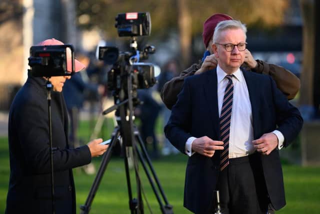 LONDON, ENGLAND - FEBRUARY 02: Minister for Levelling Up Michael Gove is interviewed for a news broadcast near the Houses of Parliament on February 02, 2022 in London, England. The long-awaited Conservative plan to close the gap between rich and poor area of the country are to be unveiled today. (Photo by Leon Neal/Getty Images)