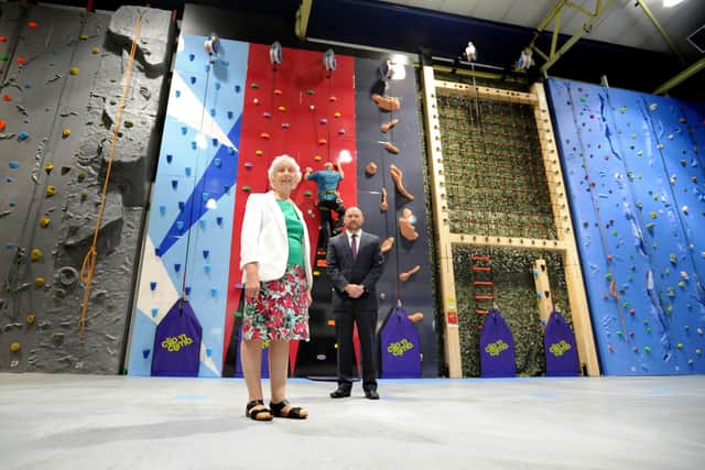 Cllr Moira Smith with Alex D’Ambrosie at Simonside Climbing Wall, which will reopen next week.