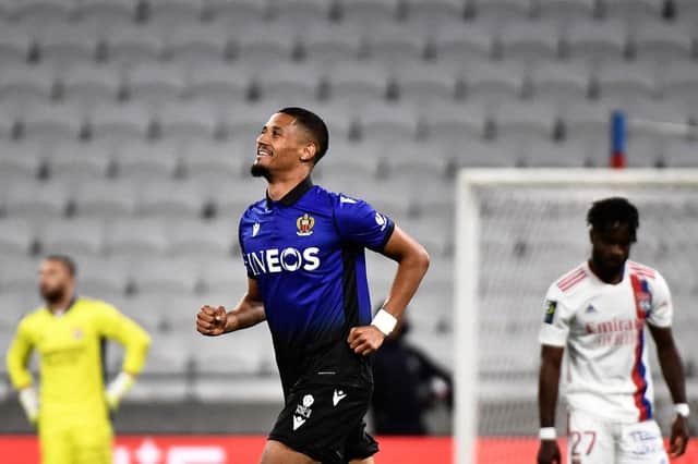 Nice's French defender William Saliba celebrates scoring his team's third goal during the French L1 football match between Lyon (OL) and OGC Nice at The Groupama Stadium in Decines-Charpieu, near Lyon, central-eastern France on May 23, 2021. (Photo by JEFF PACHOUD / AFP) (Photo by JEFF PACHOUD/AFP via Getty Images)
