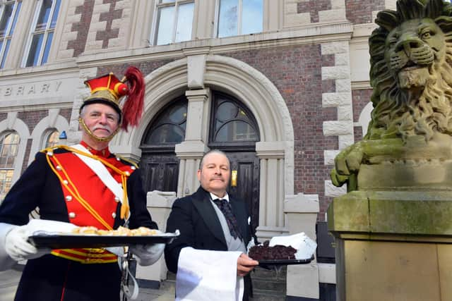 The Victorian Pantry Tea Room in South Shields Museum and Art Gallery celebrates 10-year anniversary with the Time Bandits Victorian re-enactment group's Tony Hall as a Victorian war hero and Nick Dolan dressed as a Victorian butler giving out free cake.