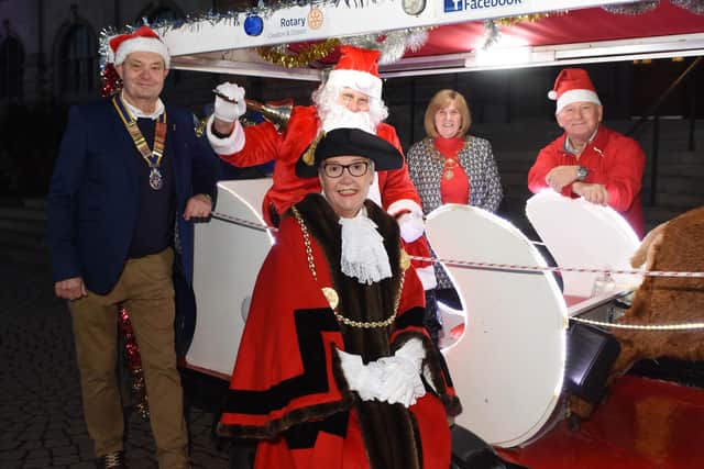 Cleadon and District Rotary Club President Bob Askew with Santa (Ian Pascoe), the Mayor and Mayoress and Rotary Club member John Gardner. (Picture taken in accordance with covid guidance in place at the time.)