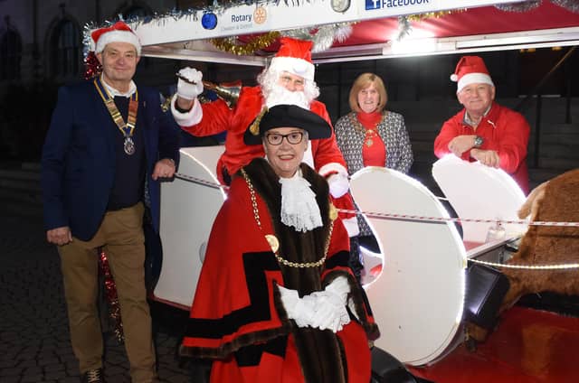Cleadon and District Rotary Club President Bob Askew with Santa (Ian Pascoe), the Mayor and Mayoress and Rotary Club member John Gardner. (Picture taken in accordance with covid guidance in place at the time.)