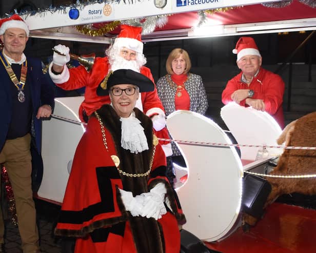 Cleadon and District Rotary Club President Bob Askew with Santa (Ian Pascoe), the Mayor and Mayoress and Rotary Club member John Gardner. (Picture taken in accordance with covid guidance in place at the time.)
