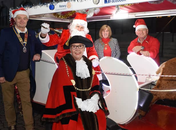 Cleadon and District Rotary Club President Bob Askew with Santa (Ian Pascoe), the Mayor and Mayoress and Rotary Club member John Gardner. (Picture taken in accordance with covid guidance in place at the time.)
