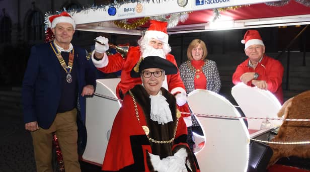 Cleadon and District Rotary Club President Bob Askew with Santa (Ian Pascoe), the Mayor and Mayoress and Rotary Club member John Gardner. (Picture taken in accordance with covid guidance in place at the time.)