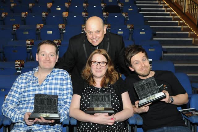 Chris receiving his Customs House Honorary Fellowship from Ray in 2015 along with fellow comedians Jason Cook and Sarah Millican