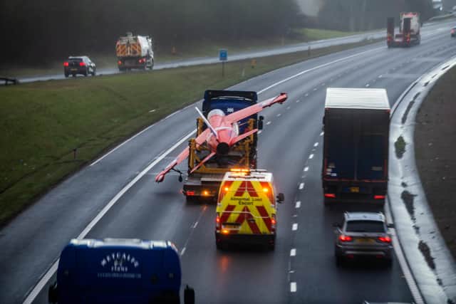 Date: 25th January 2023.Picture James Hardisty.A very unusual sight capture travelling North bound on the A1(M) near Bramham, not one but two RAF Red Arrows Hawk jets being transported along the motorway.