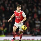 LONDON, ENGLAND - MARCH 01: Kieran Tierney of Arsenal during the Premier League match between Arsenal FC and Everton FC at Emirates Stadium on March 01, 2023 in London, England. (Photo by David Price/Arsenal FC via Getty Images)