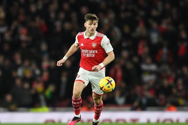 LONDON, ENGLAND - MARCH 01: Kieran Tierney of Arsenal during the Premier League match between Arsenal FC and Everton FC at Emirates Stadium on March 01, 2023 in London, England. (Photo by David Price/Arsenal FC via Getty Images)