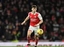 LONDON, ENGLAND - MARCH 01: Kieran Tierney of Arsenal during the Premier League match between Arsenal FC and Everton FC at Emirates Stadium on March 01, 2023 in London, England. (Photo by David Price/Arsenal FC via Getty Images)