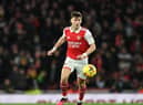 LONDON, ENGLAND - MARCH 01: Kieran Tierney of Arsenal during the Premier League match between Arsenal FC and Everton FC at Emirates Stadium on March 01, 2023 in London, England. (Photo by David Price/Arsenal FC via Getty Images)