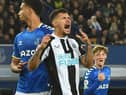 Newcastle United's Brazilian midfielder Bruno Guimaraes reacts to a missed chance during the English Premier League football match between Everton and Newcastle United at Goodison Park in Liverpool, north west England on March 17, 2022. (Photo by ANTHONY DEVLIN/AFP via Getty Images)
