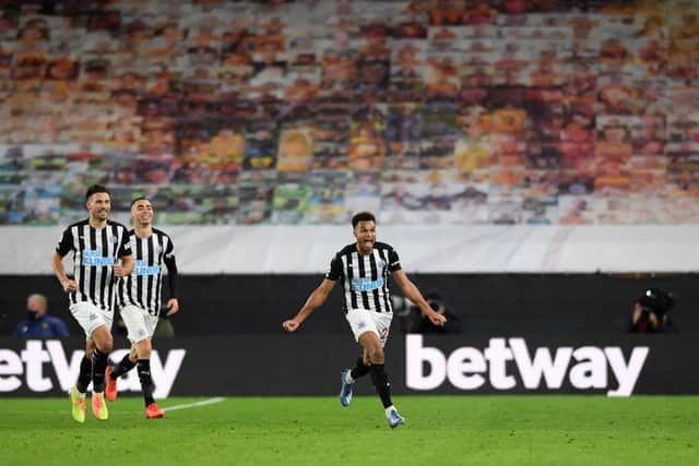 Newcastle United's English midfielder Jacob Murphy (R) celebrates after scoring the equalising goal during the English Premier League football match between Wolverhampton Wanderers and Newcastle United at the Molineux stadium in Wolverhampton, central England on October 25, 2020.