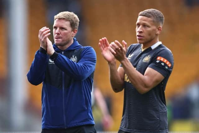 Newcastle United head coach Eddie Howe and striker Dwight Gayle last season.