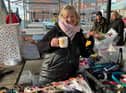 Yvonne celebrating her final day on the stall