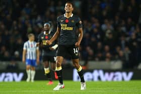 Isaac Hayden of Newcastle United celebrates after scoring their team's first goal during the Premier League match between Brighton & Hove Albion and Newcastle United at American Express Community Stadium on November 06, 2021 in Brighton, England. (Photo by Charlie Crowhurst/Getty Images)