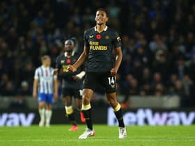 Isaac Hayden of Newcastle United celebrates after scoring their team's first goal during the Premier League match between Brighton & Hove Albion and Newcastle United at American Express Community Stadium on November 06, 2021 in Brighton, England. (Photo by Charlie Crowhurst/Getty Images)