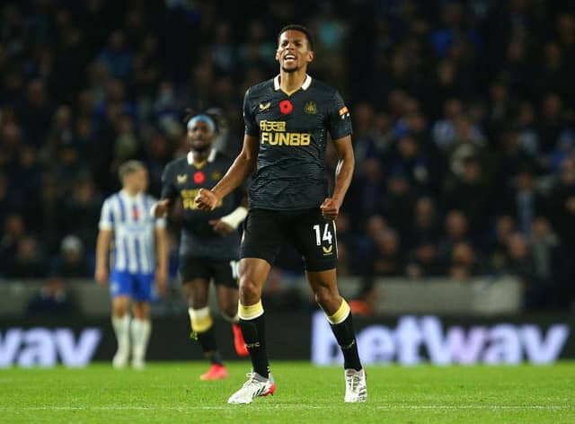 Isaac Hayden of Newcastle United celebrates after scoring their team's first goal during the Premier League match between Brighton & Hove Albion and Newcastle United at American Express Community Stadium on November 06, 2021 in Brighton, England. (Photo by Charlie Crowhurst/Getty Images)