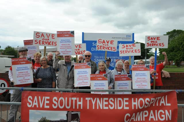 Campaigners outside South Tyneside District Hospital protesting over the closure of the midwife led birthing unit, which has been closed since January.