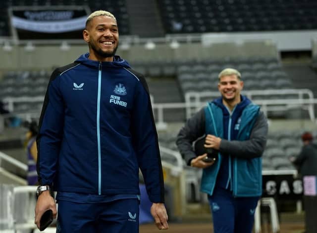 Newcastle United pair Joelinton and Bruno Guimaraes arrive at St James's Park.